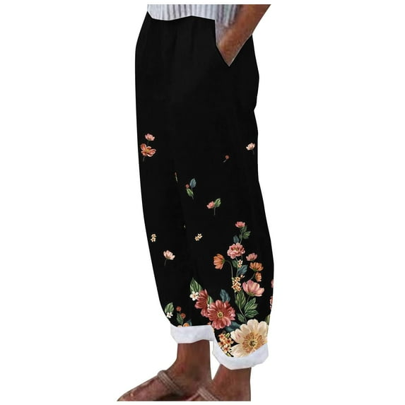 ylioge Ladies Cropped Pants Pockets Straight Floral High Waist Trousers Stretchy Casual Loose Fit Autumn Going Out Pants Pantalones