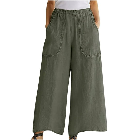 ylioge Ladies Full Length Pants Linen Wide Leg Solid Color High Waist Trousers Palazzo Comfy Loose Fit Winter Cruise Pants Pantalones