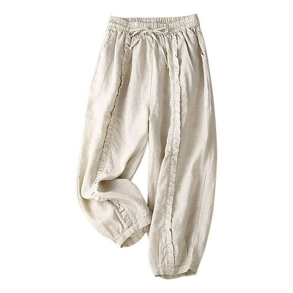 ylioge Ladies Summer Pants Cropped Solid Color Straight Trendy Trousers Pockets Linen Going Out Loose Fit High Waist Pants Pantalones