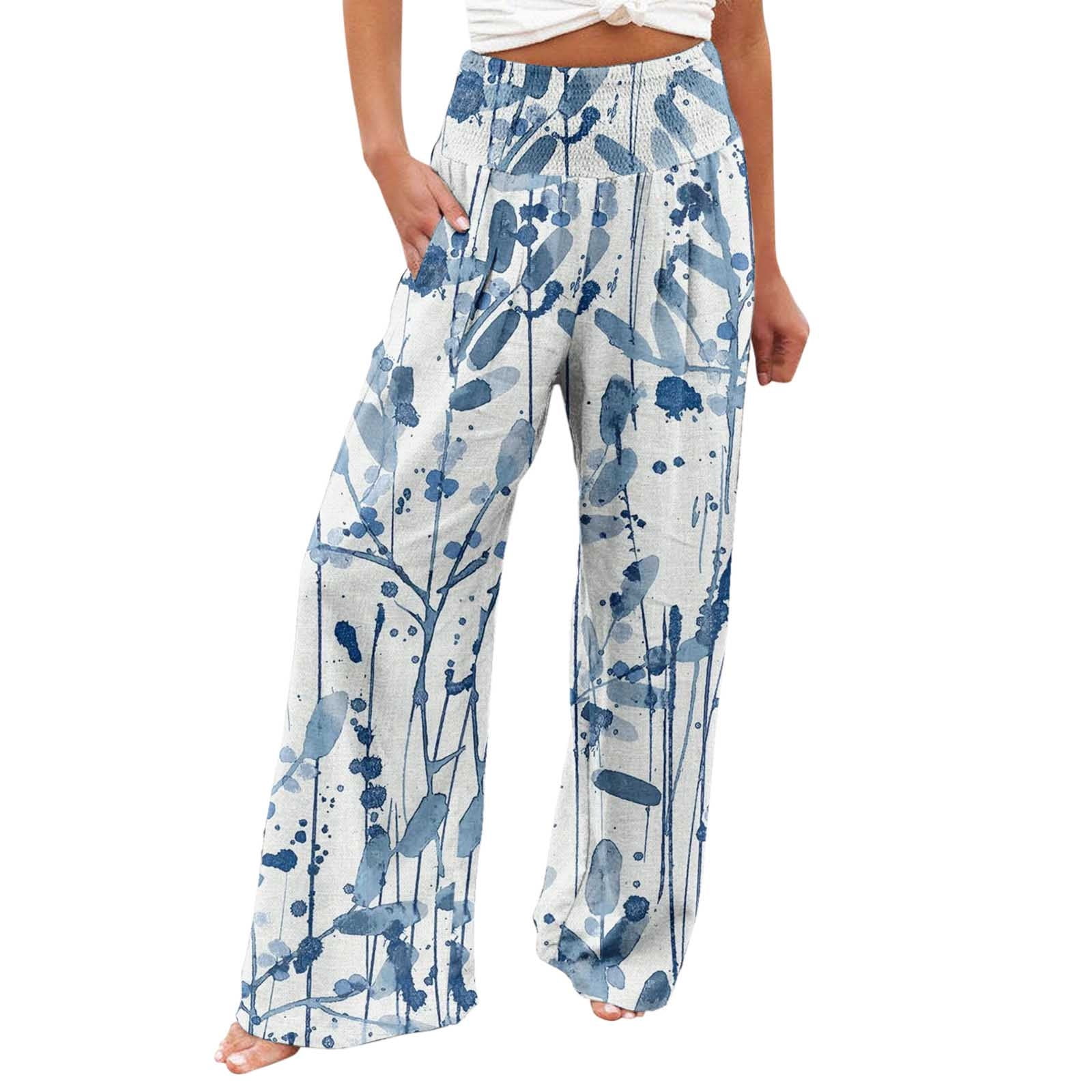 ylioge Ladies Summer Pants Linen Pockets Full Length Printed Wide Leg