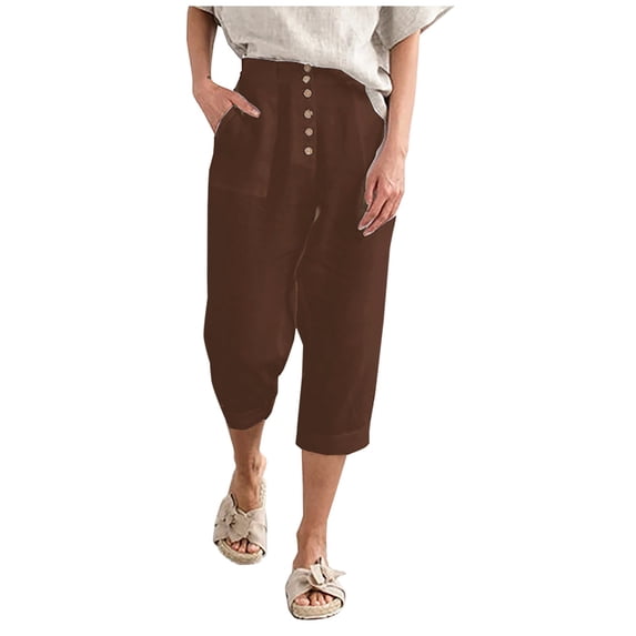 ylioge Ladies Summer Trousers Pockets Linen Capri Solid Color Straight Capris Comfy Going Out Loose Fit High Waist Pants Pantalones