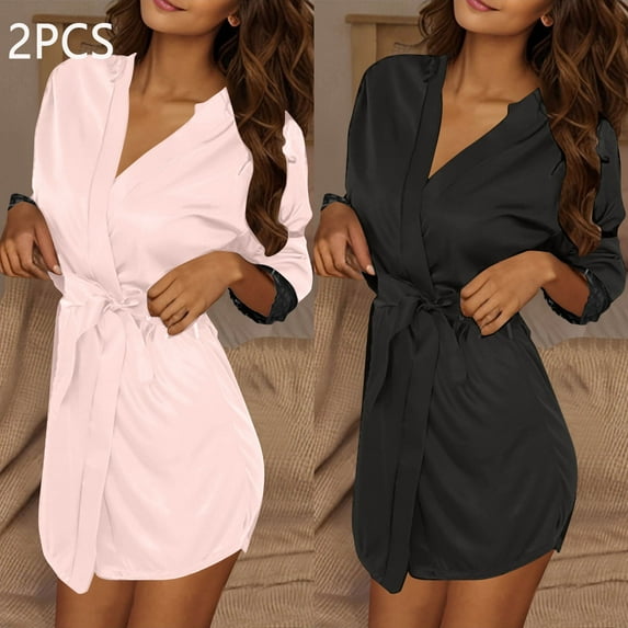 ylioge Lightweight Satin Robes for Women 2 Pack 3/4 Sleeve Bathrobes Ladies Trendy Solid Color Short Length Silk Loungewear Bath Robe with Belt