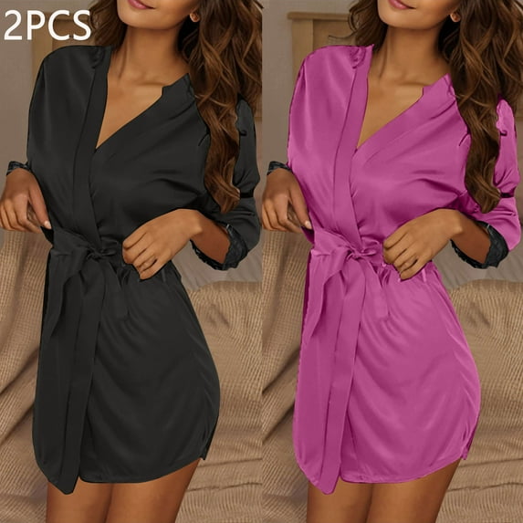 ylioge Lightweight Satin Robes for Women 2 Pack 3/4 Sleeve Bathrobes Ladies Trendy Solid Color Short Length Silk Loungewear Bath Robe with Belt