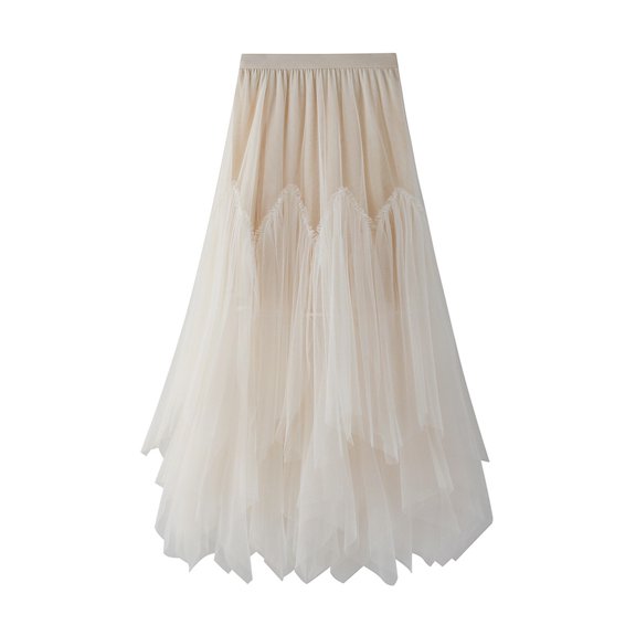 ylioge Long Skirts for Women, Womens Vintage Retro 1960s Tulle Skirt Tutu Elegant Casual Solid Color Elastic High Waisted with Irregular Swing Pleated Hem Holiday Maxi Skirt Spring