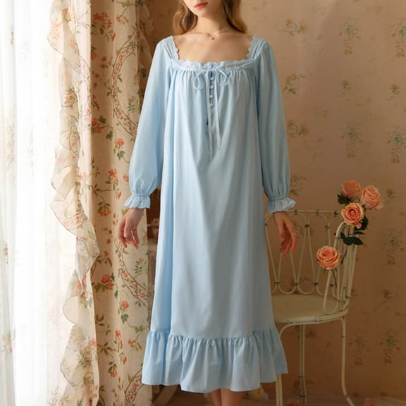 ylioge Long Sleeve Nightgowns for Women Cute Button Square-Neck Sleepshirts Ladies Lightweight Solid Pullover Comfort Loungewear Dresses