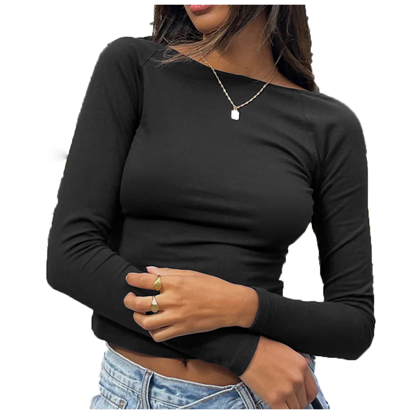 ylioge Long Sleeve Shirts for Women, Womens Crop Tops Elastic Slim Fit  Skintight Backless Boat Neck Solid Color Base Layer Undershirt for Women  Fall Saving Clearance 