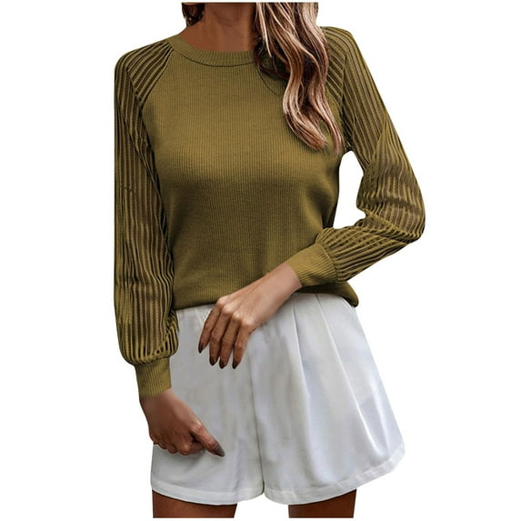ylioge Long Sleeve Shirts for Women, Womens Ribbing Kintting Tops Solid Color Crewneck Pullover Blouses for Women Dressy Casual