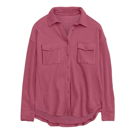 ylioge Long Sleeve Shirts for Women, Womens Y2k Oversized Tops Solid Color Lapel Lightweight Button Cardigan with Pockets Waffle Blouses for Women Dressy Casual Fall