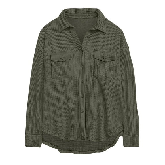 ylioge Long Sleeve Shirts for Women, Womens Y2k Oversized Tops Solid Color Lapel Lightweight Button Cardigan with Pockets Waffle Blouses for Women Dressy Casual Fall