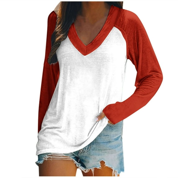 ylioge Long Sleeve Shirts for Women, Womens Y2k Oversized Tops Splice Solid Color V Neck Pullover Blouses for Women Dressy Casual Spring Reduced Price and