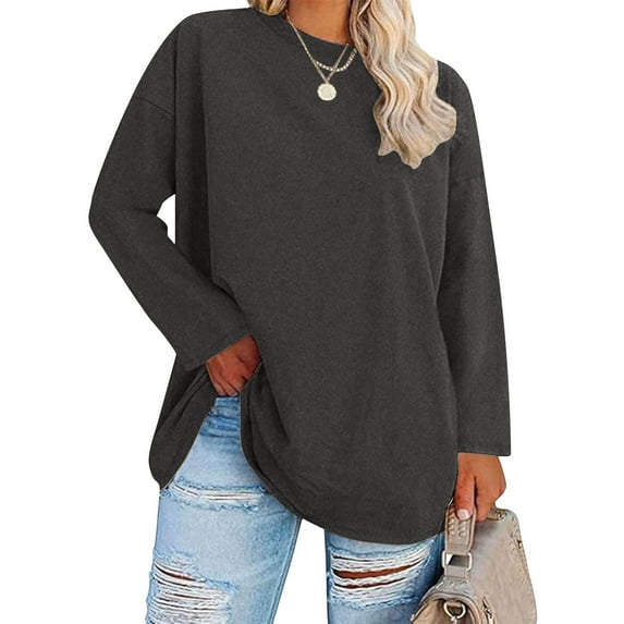 ylioge Long Sleeve Tops for Women Plus Size XL-5X Crewneck Sweatshirts Shirts Womens Casual Solid Color Pullover Basic Loungewear Athletic Blouses Top