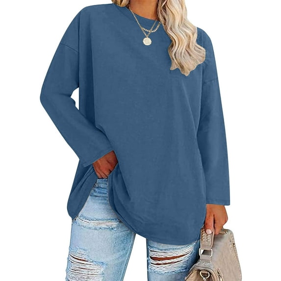 ylioge Long Sleeve Tops for Women Plus Size XL-5X Crewneck Sweatshirts Shirts Womens Casual Solid Color Pullover Basic Loungewear Athletic Blouses Top