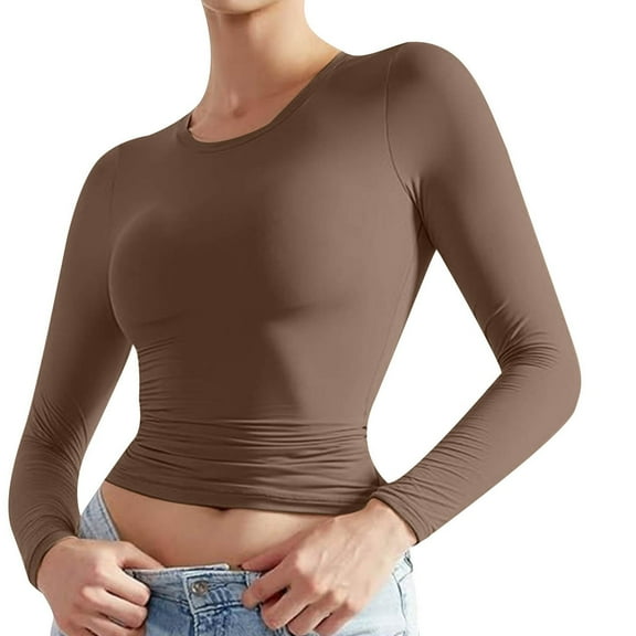 ylioge Long Sleeve Undershirt for Women, Womens Thermal Underwear Slim Fit Crewneck Solid Color Under Scrubs Shapewear Cropped Tops Blosues T Shirts Spring