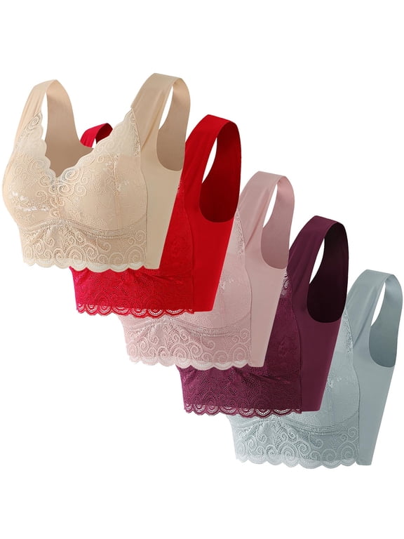 M-5X Plus Size Bras for Women 5 Pack No Underwire Push Up Bralettes Pullover Lace Splice Back-Smoothing Support Lifting Tshirt Underwear Bra