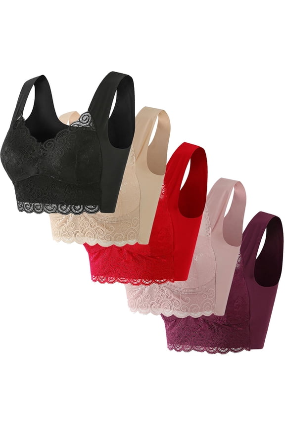 M-5X Plus Size Bras for Women 5 Pack No Underwire Push Up Bralettes Pullover Lace Splice Back-Smoothing Support Lifting Tshirt Underwear Bra