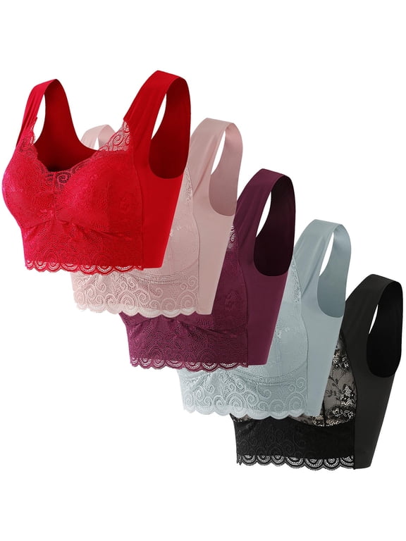 M-5X Plus Size Bras for Women 5 Pack No Underwire Push Up Bralettes Pullover Lace Splice Back-Smoothing Support Lifting Tshirt Underwear Bra