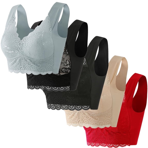 ylioge M-5X Plus Size Bras for Women 5 Pack No Underwire Push Up Bralettes Pullover Lace Splice Back-Smoothing Support Lifting Tshirt Underwear Bra