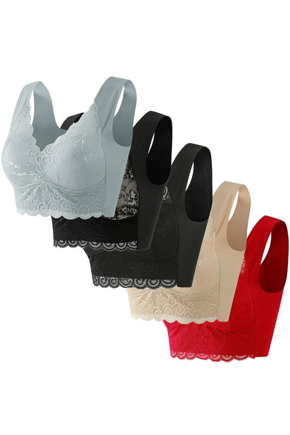 M-5X Plus Size Bras for Women 5 Pack No Underwire Push Up Bralettes Pullover Lace Splice Back-Smoothing Support Lifting Tshirt Underwear Bra