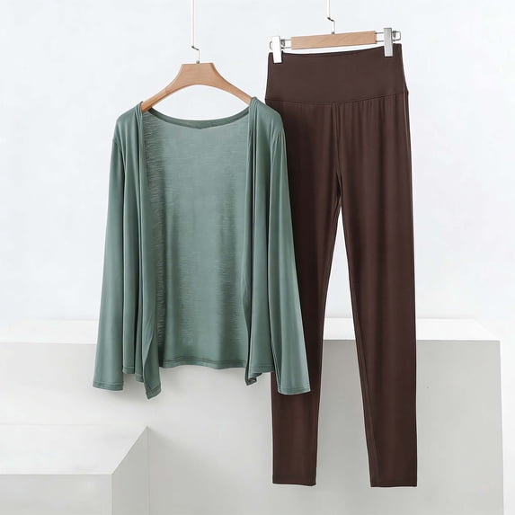 ylioge M-5X Plus Size Pajama Sets for Women 2 Piece Long Sleeve Cardigans and High Waisted Pants Casual Solid Color Loungewear Pajamas Outfits Set