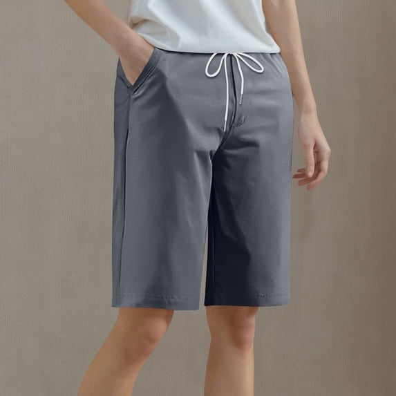 ylioge M-5X Plus Size Shorts for Women with Pockets and Drawstring Elastic High Waisted Straight Leg Solid Color Athletic Workout Tennis Bermuda Short