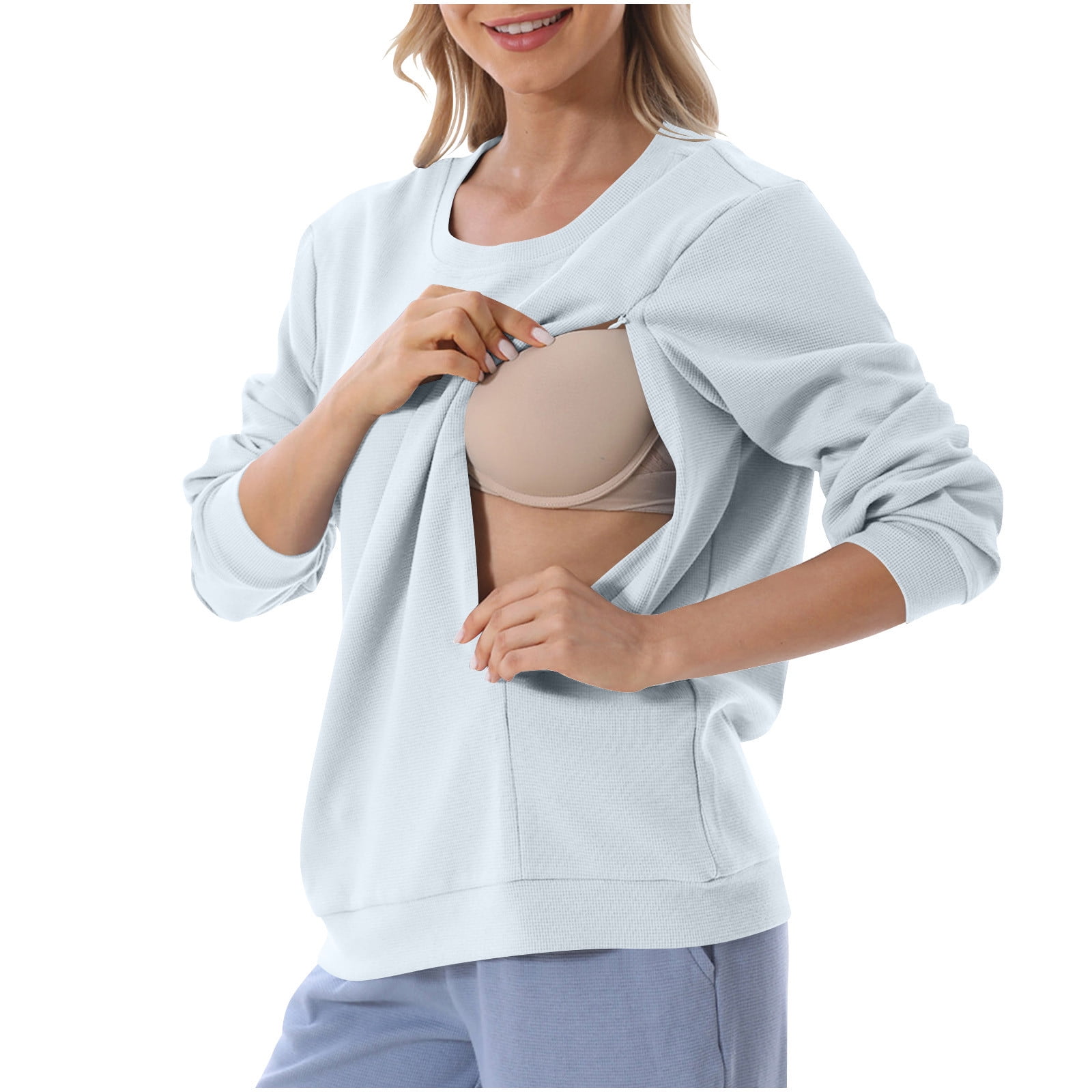 ylioge Maternity Tops for Women Pregnancy Plus Size S-4X Long Sleeve Sweatshirts with Zipper Pullover Solid Color Crewneck Nursing Sweatshirt Shirts