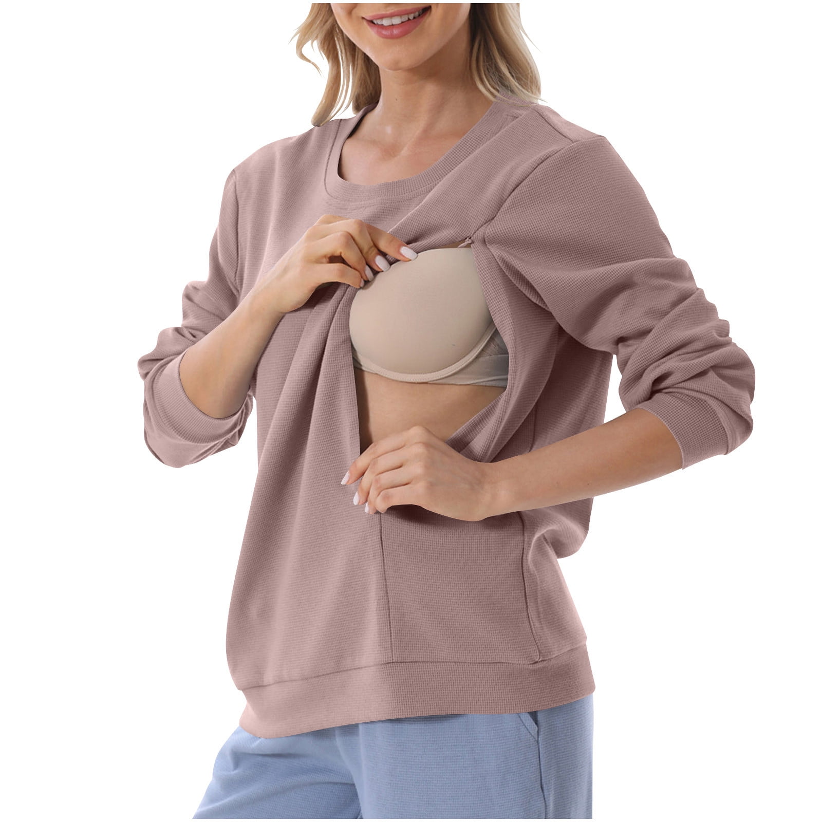 ylioge Maternity Tops for Women Pregnancy Plus Size S-4X Long Sleeve Sweatshirts with Zipper Pullover Solid Color Crewneck Nursing Sweatshirt Shirts