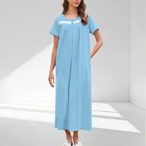 ylioge Maxi Nightgowns for Women Lightweight Short Sleeve Nightdresses Button Crewneck Casual Solid Loose Comfort Pullover Sleepshirts
