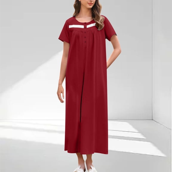 ylioge Maxi Nightgowns for Women Lightweight Short Sleeve Nightdresses Button Crewneck Casual Solid Loose Comfort Pullover Sleepshirts