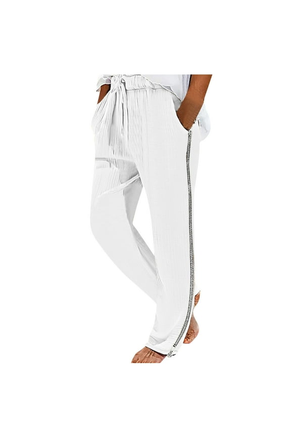 Mens Cotton and Linen Casual Loose Elastic High Waist Drawstring Side Slit Zip Up Solid Color Straight Wide Leg Pants Trousers with Pockets Spring