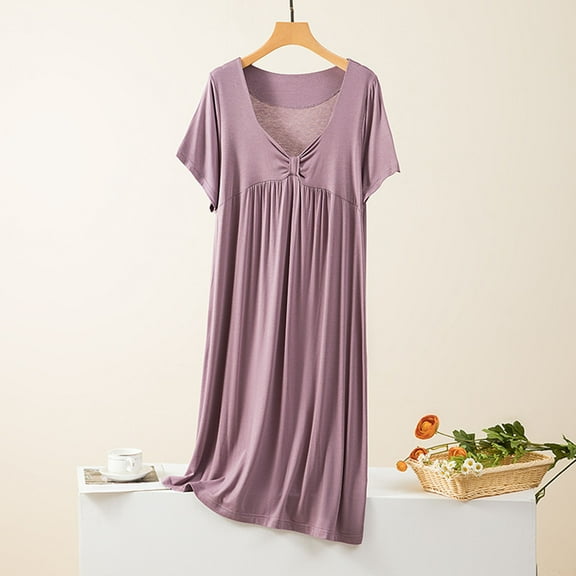 ylioge Modal-Nightgowns for Women Casual Short Sleeve V Neck Sleepshirts Ladies Lightweight Solid Pullover Soft Sleepwear Dresses Summer