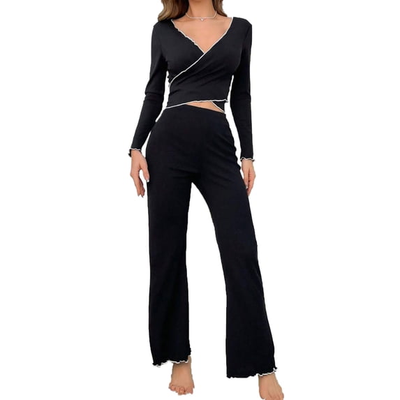 ylioge Pajama Sets for Women 2 Piece Casual Long Sleeve Cropped Tops and Pants Solid Color Comfortable Slim Loungewear Sleepwear Pajamas Outfits Set