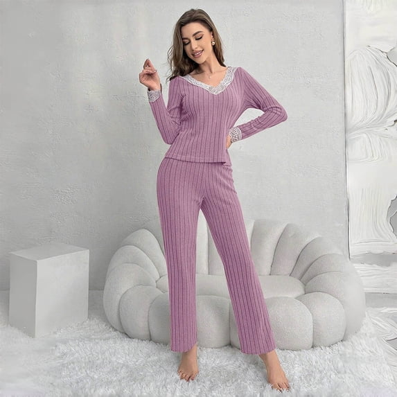 ylioge Pajama Sets for Women 2 Piece Loungewear Outfits Womens Casual Solid Color Lace Splice Long Sleeve Tops Straight Leg Pants Sleepwear Pajamas
