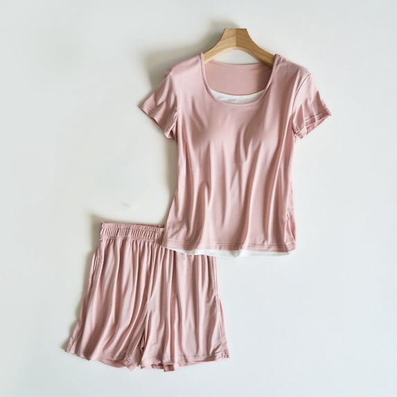 ylioge Pajama Sets for Women 2 Piece Short Sleeve Built in Bras Tops Wide Leg Shorts Casual Solid Color Soft Loungewear Homewear Pajamas Outfits Set