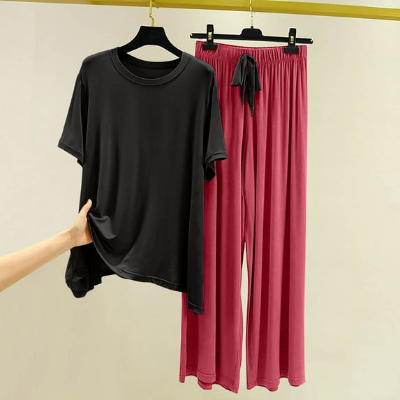 ylioge Pajama Sets for Women Soft-Modal Short Sleeve Tops Wide Leg Pants 2 Piece Loungewear Outfits Womens Casual Solid Color Basic Homewear Pajamas