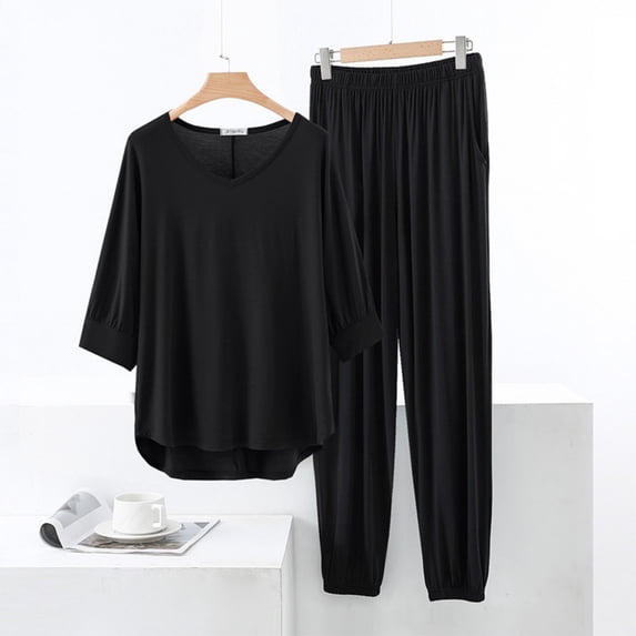 ylioge Pajama Sets for Women with Pockets 2 Piece Soft-Modal Loungewear Outfits Womens Casual Solid Color Short Sleeve Tops Tapered Leg Pants Pajamas