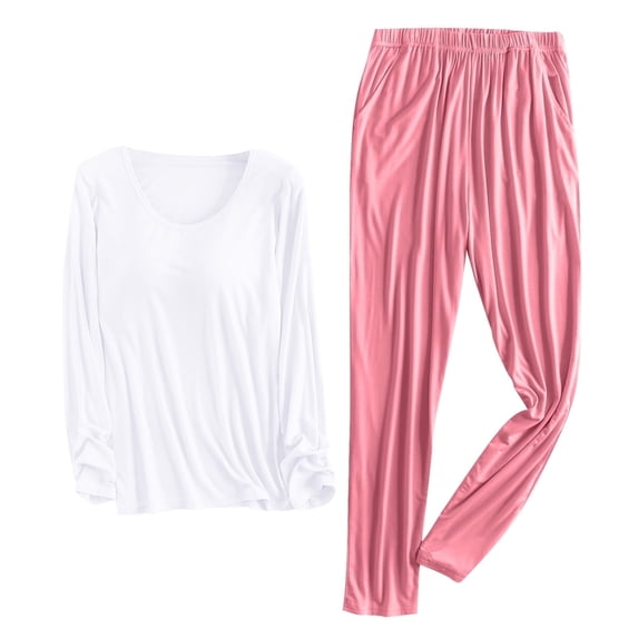 ylioge Pajamas for Women Set, Womens Casual Two Piece Loungewear Set Solid Color Long Sleeve Crewneck with Chest Pad Tops Shirts and Elastic High Waisted Pants Trousers Spring