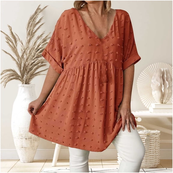 ylioge Peplum Tops for Women Plus Size XL-5X Short Sleeve T Shirts Womens Cute Solid Color Swiss-Dot Loose Pullover Loungewear Beach Blouses Top