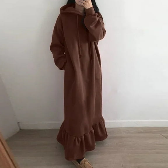 ylioge Plus Size Dresses for Women Fleece Lined with Hoodies and Pockets Casual Long Sleeve Pullover Ruffle Hem Loose Warm Maxi Dress S-5XL