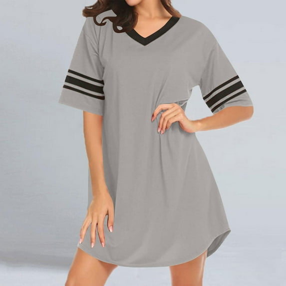 ylioge Plus Size Nightgowns for Women S-5X Short Sleeve V Neck Sleepshirts Ladies Casual Color-Block Pullover Homewear Mini Tshirts Dresses