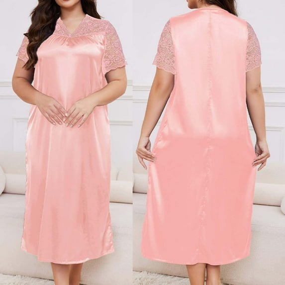 ylioge Plus Size Nightgowns for Women XL-5X Lightweight Silk Pajama Dresses Ladies Casual Solid Lace Splice Short Sleeve V Neck Sleepshirts