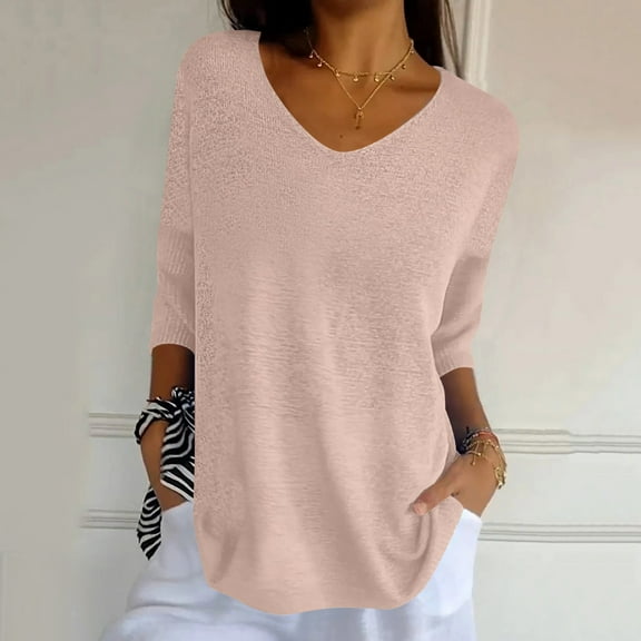 ylioge Plus Size Shirts for Women S-5XL 3/4 Sleeve V Neck Knitted Tops Ladies Casual Solid Loose Comfort Pullover Tshirts Shirt