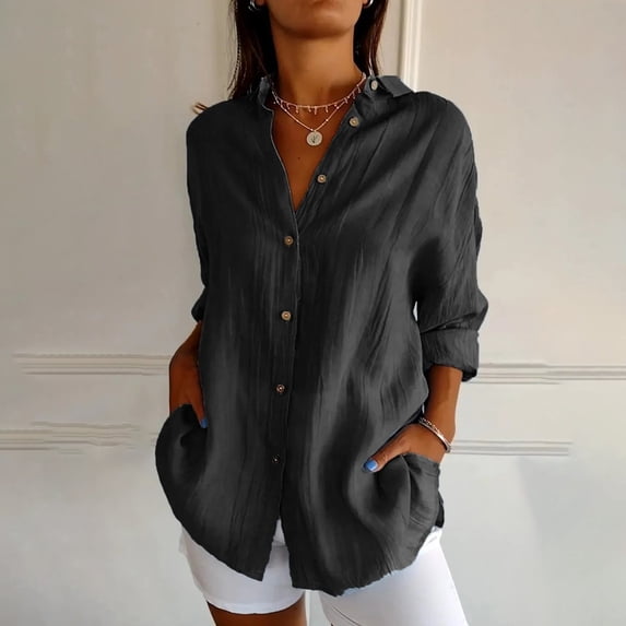 ylioge Plus Size Shirts for Women S-5XL Button-Down Long Sleeve Blouses Ladies Casual Solid Lightweight Loose Collared Tunic Tops