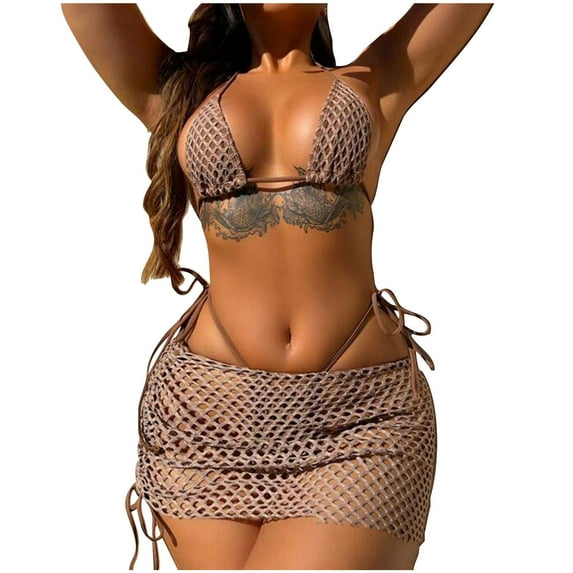 ylioge Plus Size Swimsuit for Women, Womens Three Piece Bikini Sets Casual Mesh Skirts Solid Color Halter Holiday Beach Bathing Suits Summer