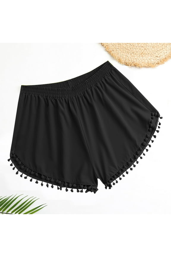 Plus Size Swimsuits for Women L-4XL Elastic High Waisted Swimwear Shorts Ladies Cute Tassels Wide Leg Solid Bathing Bottoms