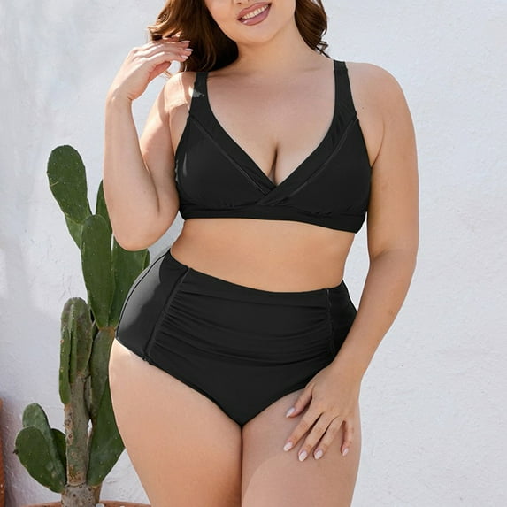 ylioge Plus Size Tankini Swimsuits for Women L-4XL Two Piece Cheeky Bikini Bathing Suits Ladies Solid High Waisted Swimwear Sets