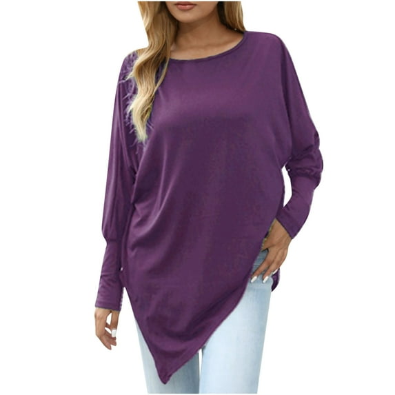 ylioge Plus Size Tops for Women, Ladies Fall Oversized Shirts Casual Loose Solid Color Long Sleeve Irregular Hem Crewneck Sweatshirts Blouses