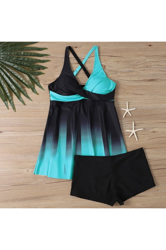 Plus Size Womens Two Piece Tankini Swimsuits S-5XL Built in Bras Dresses and Shorts Bathing Suits Gradient Printed Swimming Sets
