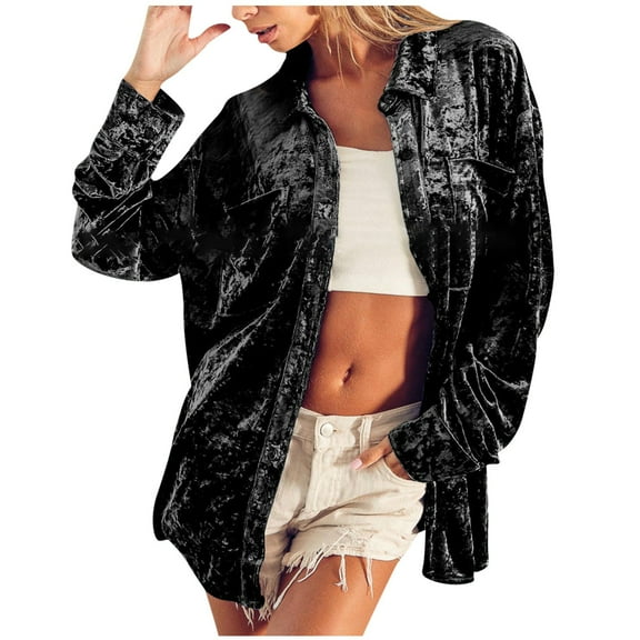 ylioge Quilted Jackets for Women, Women's Fall and Winter Jacket Long Sleeve Lapel Solid Color with Pockets Gold Velvet Loose Shirt Long Sleeve Hoodless Casual Coat Jacket Winter