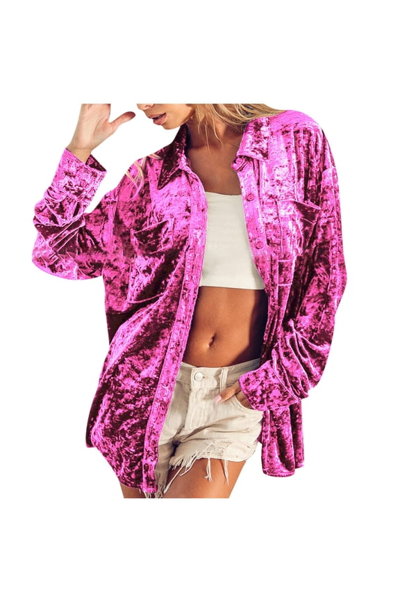 Quilted Jackets for Women, Women's Fall and Winter Jacket Long Sleeve Lapel Solid Color with Pockets Gold Velvet Loose Shirt Long Sleeve Hoodless Casual Coat Jacket Winter