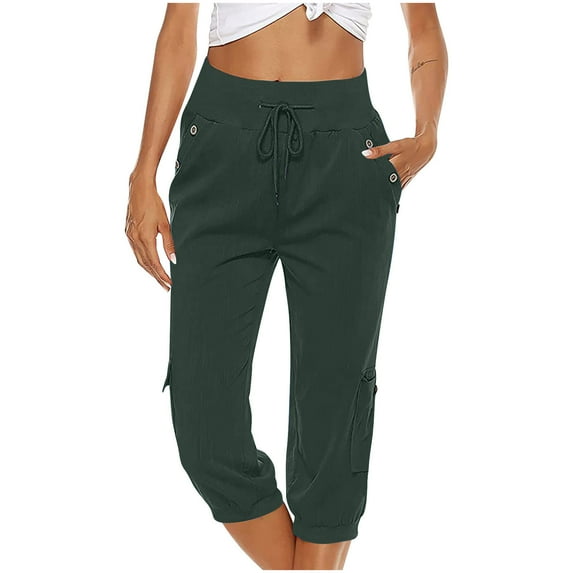 ylioge Relaxed Fit Straight Pants for Women Pockets Summer High Waist Daily Wear Capri Trousers Drawstring Solid Color Comfy Capris Pantalones
